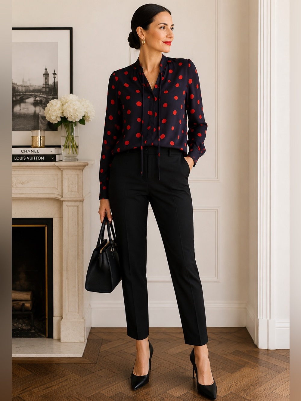 NWT AG Adriano Goldschmied 100% Modal Polka Dot Tie Neck Blouse XL